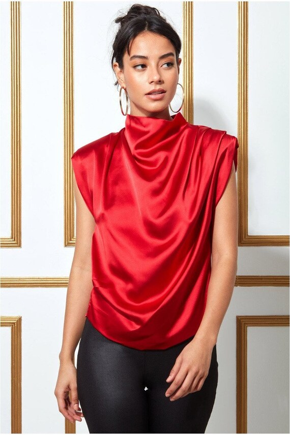 High Collar Satin Top With Shoulder 