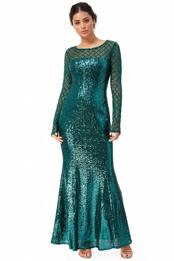 Sheer Diamond Design Sequin Maxi Dress Emerald Party Dress | Etsy