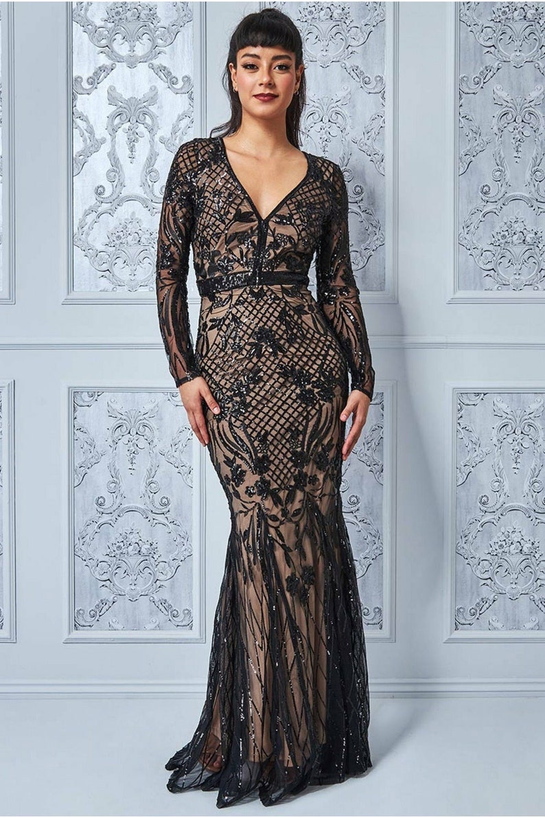 Full Sleeve Sequin Evening Dress Black Prom Dress Party - Etsy