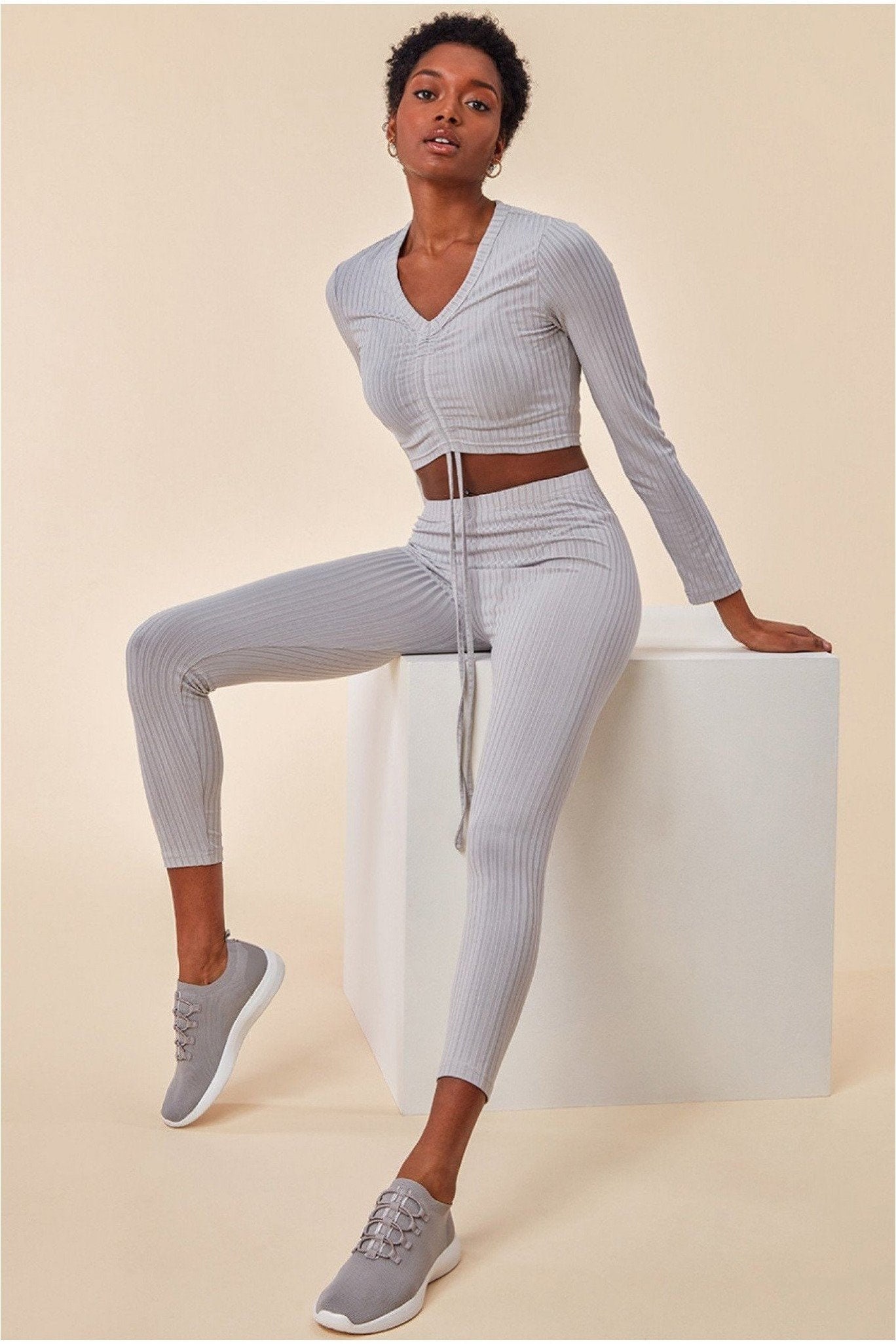 Cosmochic Ribbed Drawstring Crop Top With Leggings Set Grey - Etsy UK