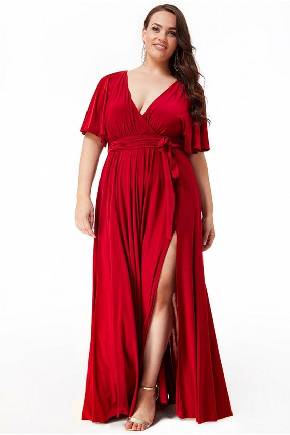 Plus Size Wrap Front Maxi With Flutter Sleeves Red Prom - Etsy