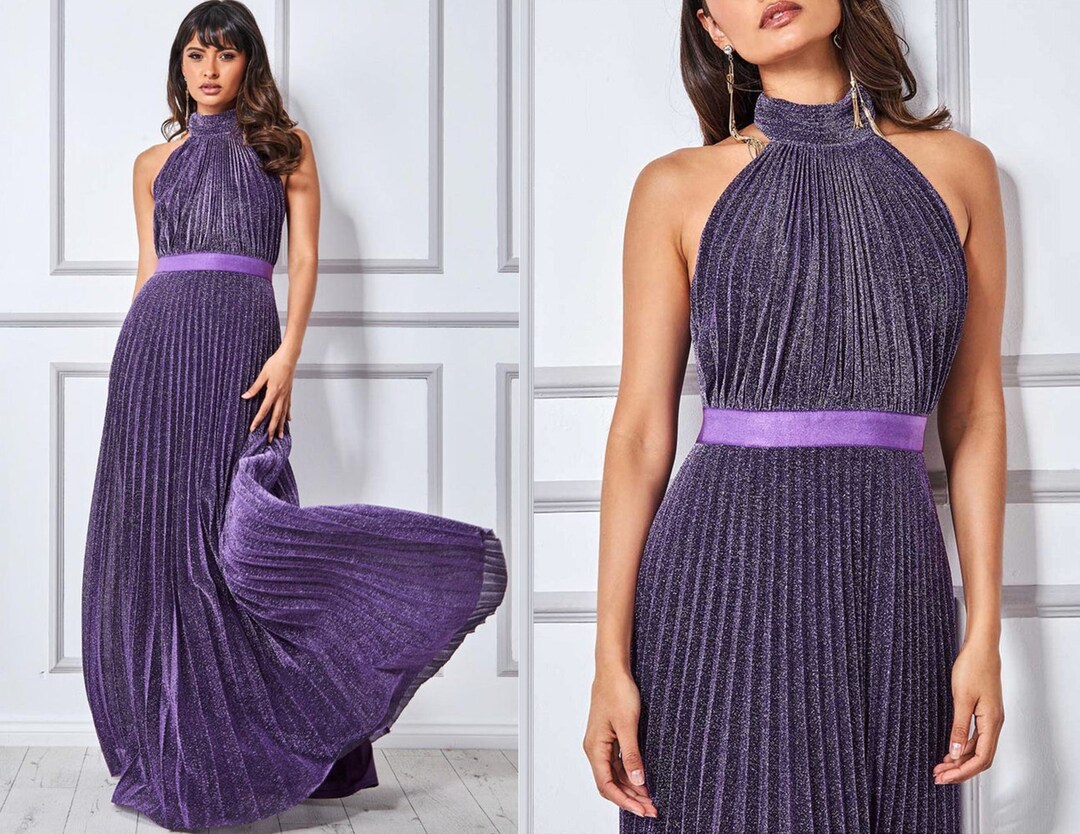 Lurex Halterneck Pleated Maxi Dress Purple Bridesmaids Etsy