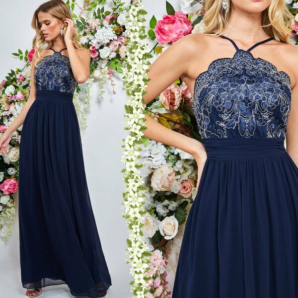 Full Length Chiffon Halter Dresses Dark Navy