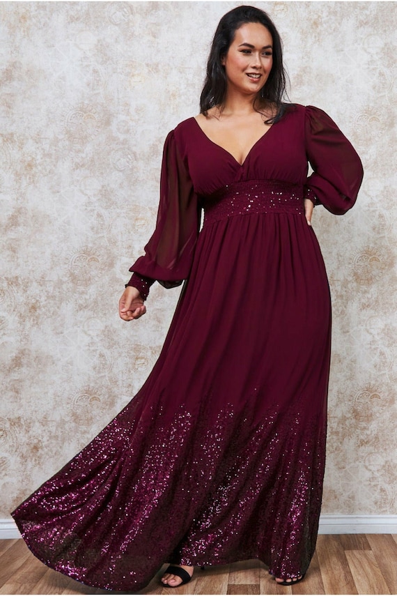 Plus Sequin Chiffon Puffy Sleeve Maxi 