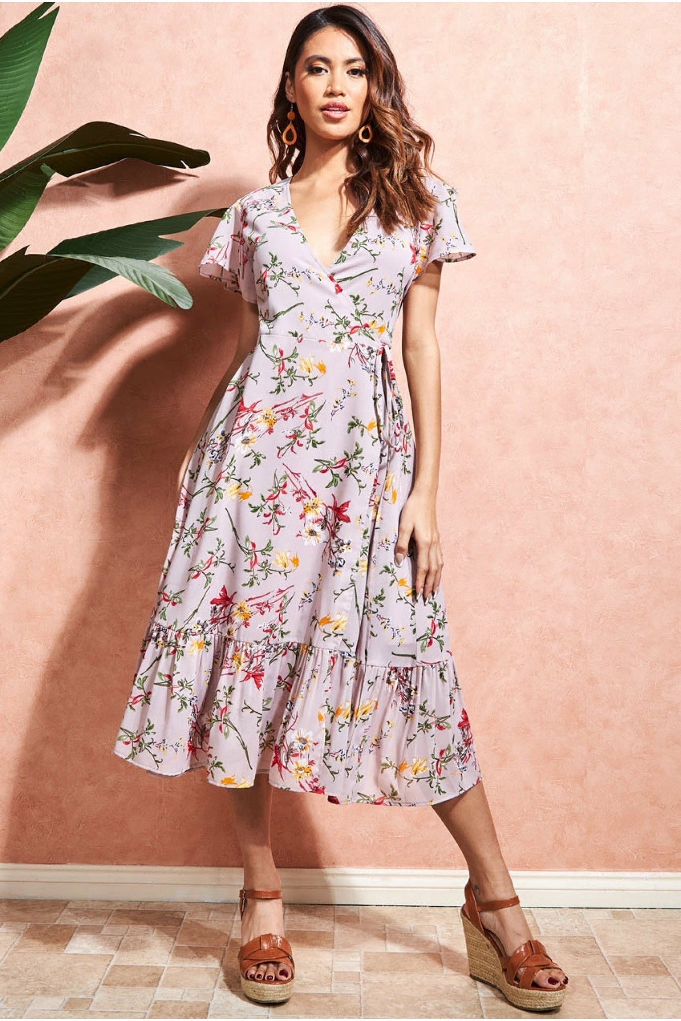 Wrap Flutter Sleeve Floral Midi Dress 