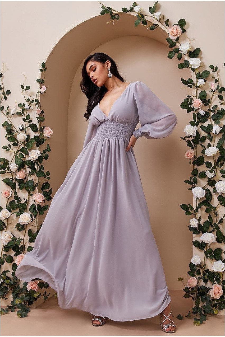 Chiffon Puffy Sleeve Maxi Dress Grey Prom Dress Evening Etsy