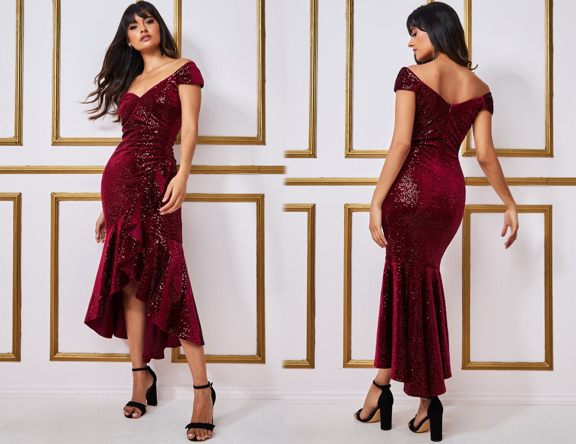 Glittering neckline velvet dress, Bardot