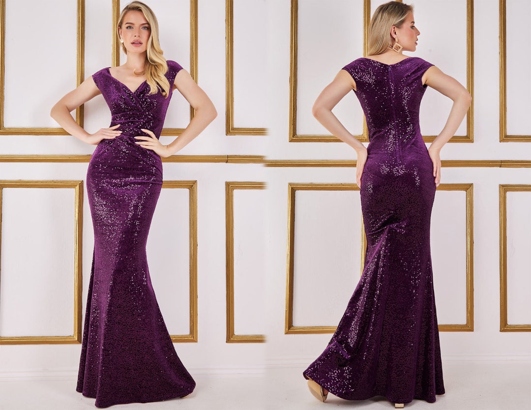 Iridescent Magenta Sequin V-Neck Cocktail Dress