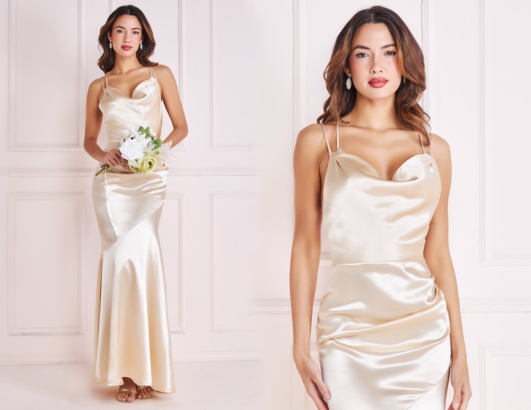 Satin Cowl Neck With Strappy Back Maxi Champagne, Bridesmaid Dress — free download