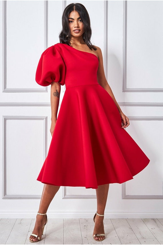 Puffy One Shoulder Midi Dress Red 