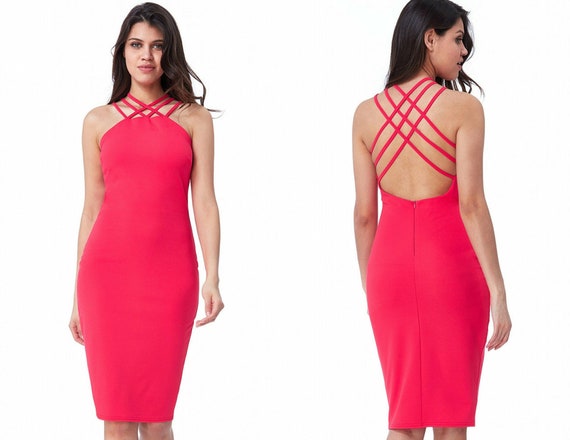 Criss Cross Strap Halter Neck Midi Hot Pink, Party Dress, Cocktail