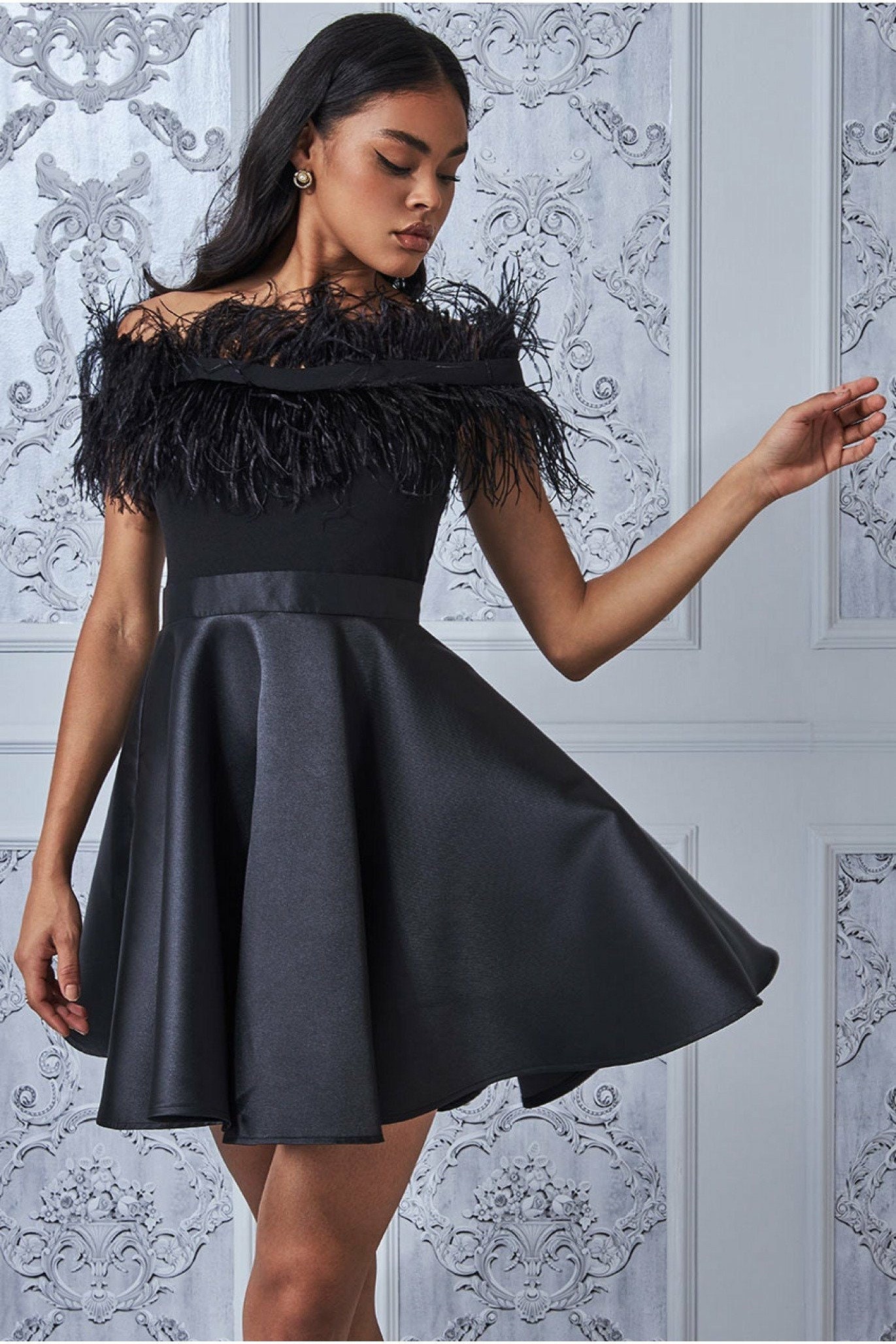 Off the Shoulder Feather Mini Dress 