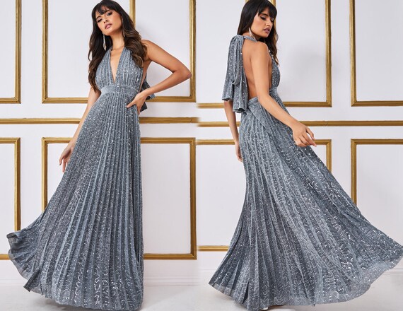 Plunge Halterneck Sequin Lurex Maxi Argent, Robe cravate noire