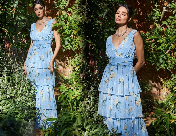 Tiered Chiffon Floral Maxi Powder Blue Summer Dress Casual Day