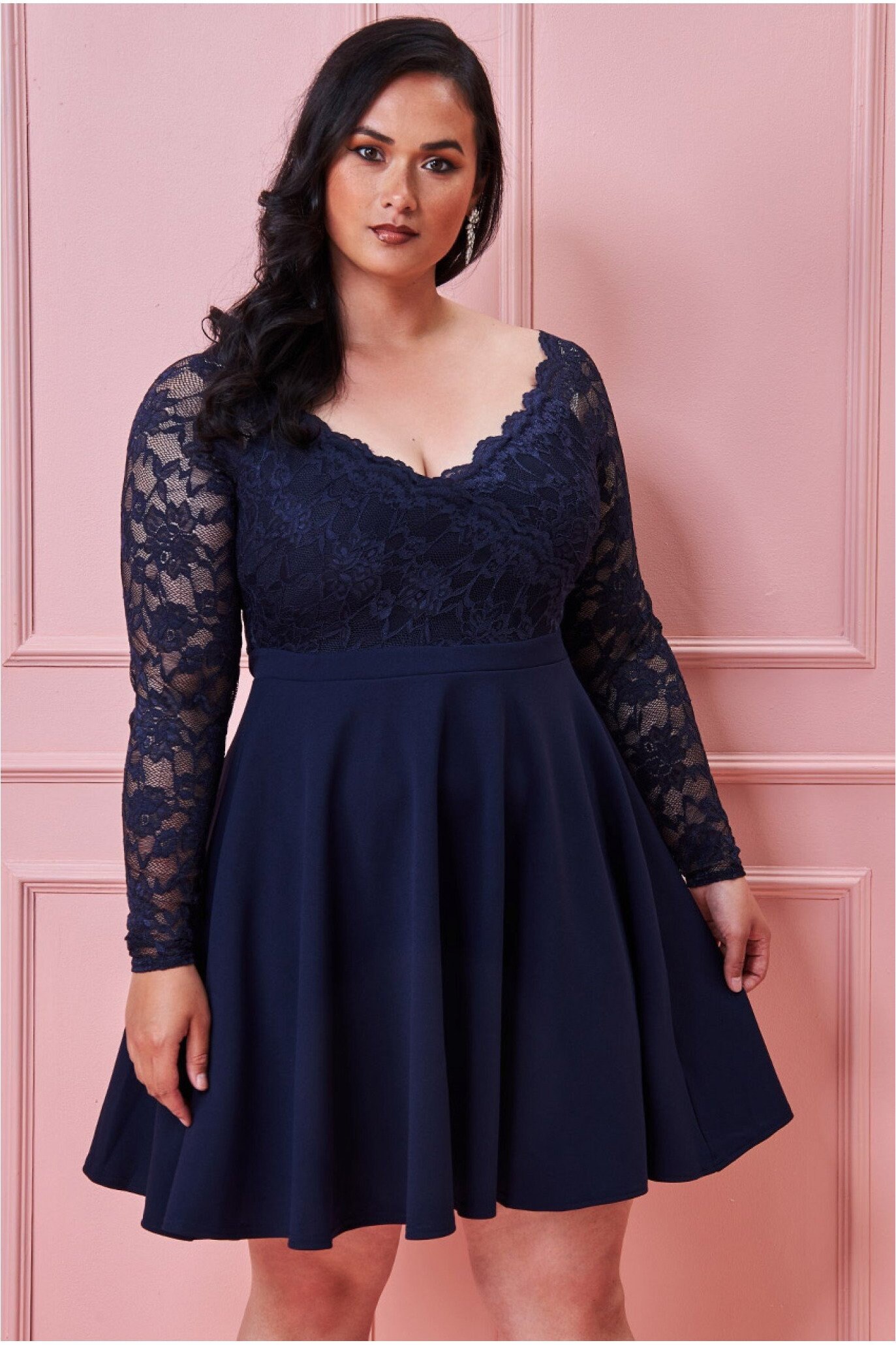 Plus Size off the Shoulder Lace Sleeve Skater Dress-navy Date - Etsy