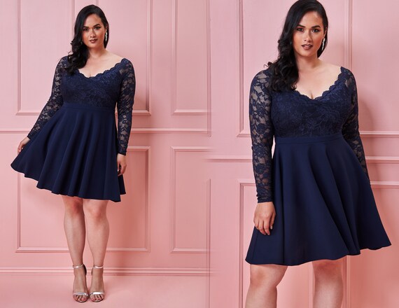 Buy Plus Size Shoulder Lace Sleeve Skater Dress-navy Date Online in India - Etsy