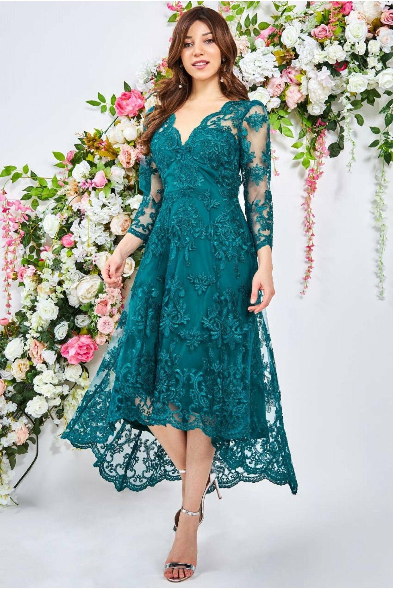 Scalloped Lace Dipped Hem Midi Dress Emerald Prom Dress - Etsy
