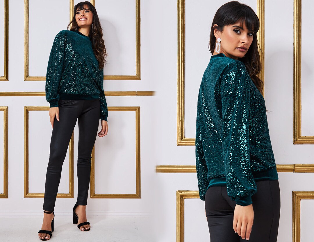 Sequin Velvet Jumper Emerald,party Wear, Cocktail Wear, Going Out Wear ...