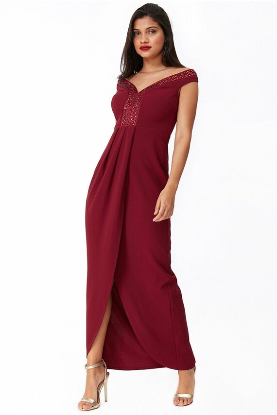 Off the Shoulder Tulip Maxi Dress Wine 