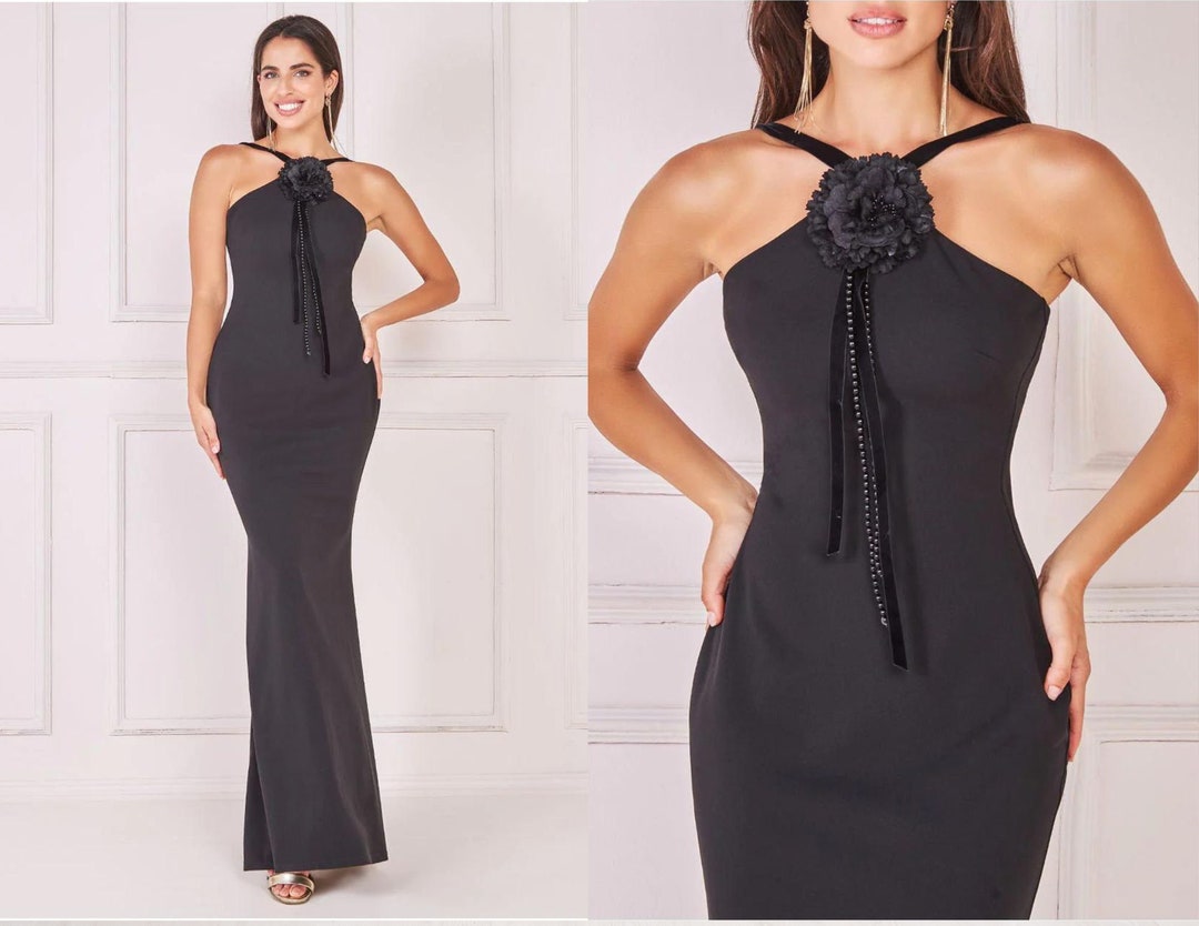 Racer Neck Corsage Scuba Maxi Black Evening Dress Prom Etsy