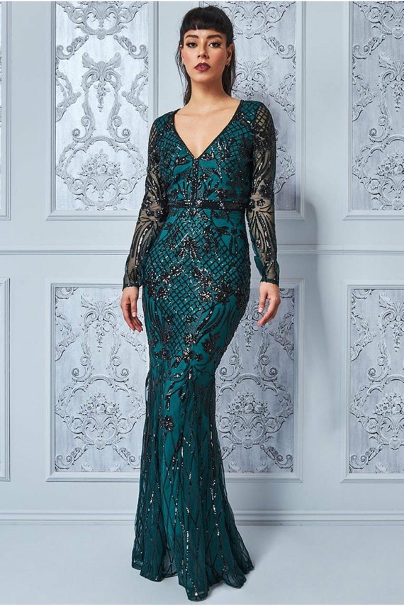 Full Sleeve Sequin Evening Dress Emerald Date Night Dress | Etsy