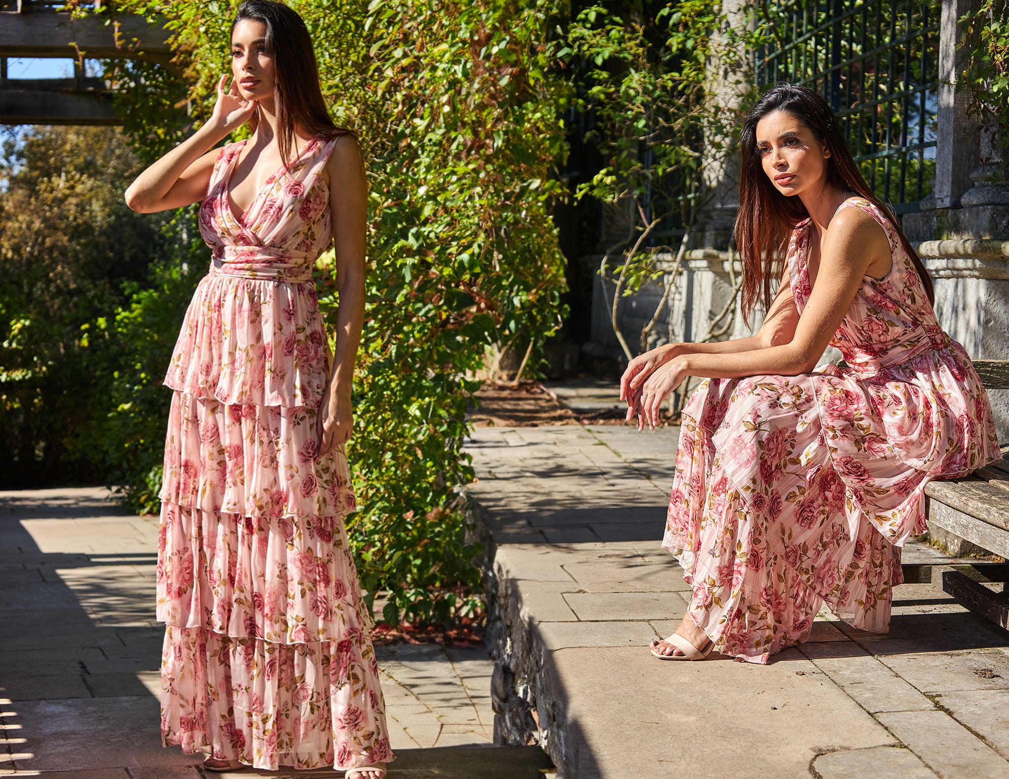 Tiered Chiffon Floral Maxi Peach Brunch Outfit Wedding