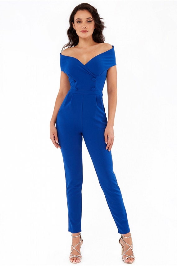 Goddiva Plus Bardot Scuba Jumpsuit in Blue Womens Clothing Jumpsuits and rompers Full-length jumpsuits and rompers 