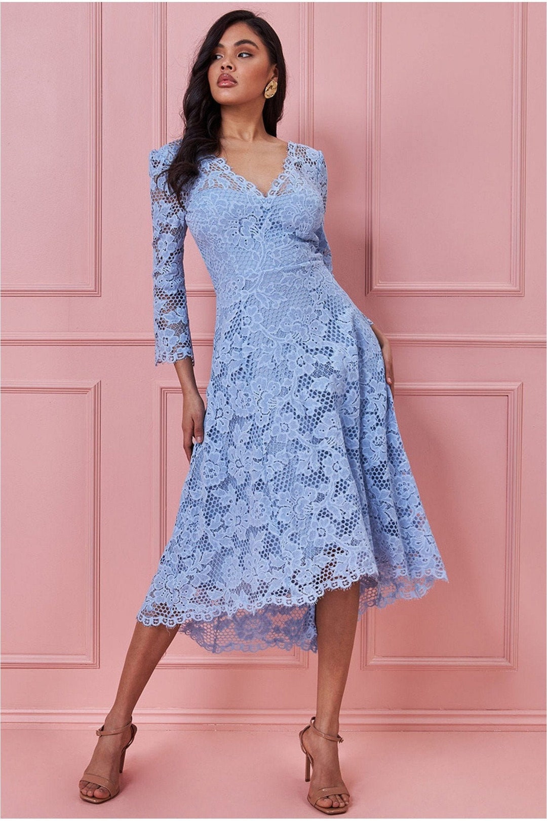 High Low Lace Midi Dress Duskyblue Party Dress Cocktail Etsy UK