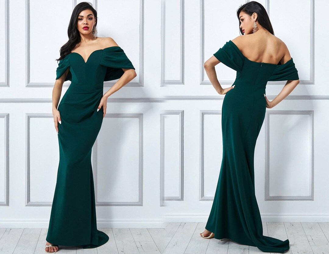 Off the Shoulder Draped Sleeve Maxi Emerald Green, Bridesmaids Dress