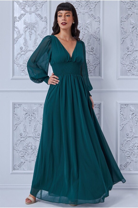 Chiffon Puffy Sleeve Maxi Dress Emerald Prom Dress Evening - Etsy