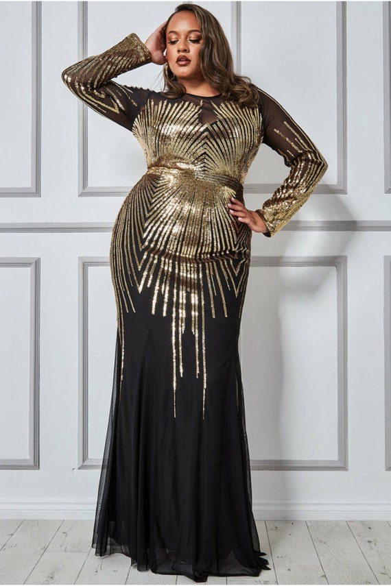 black and gold evening gowns with sleeves