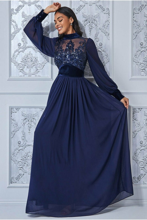 Velvet Band Sequin Bodice Maxi - Navy, Evening Dress, Wedding Guest Dress, Party Dress, Prom Dress