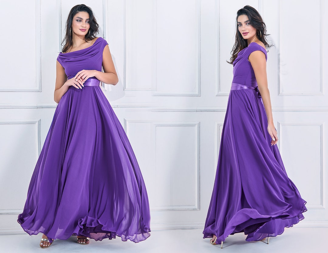 Cowl Neck Chiffon Maxi Dress Purple, Bridesmaid Dress, Prom Dress, Maid — free download