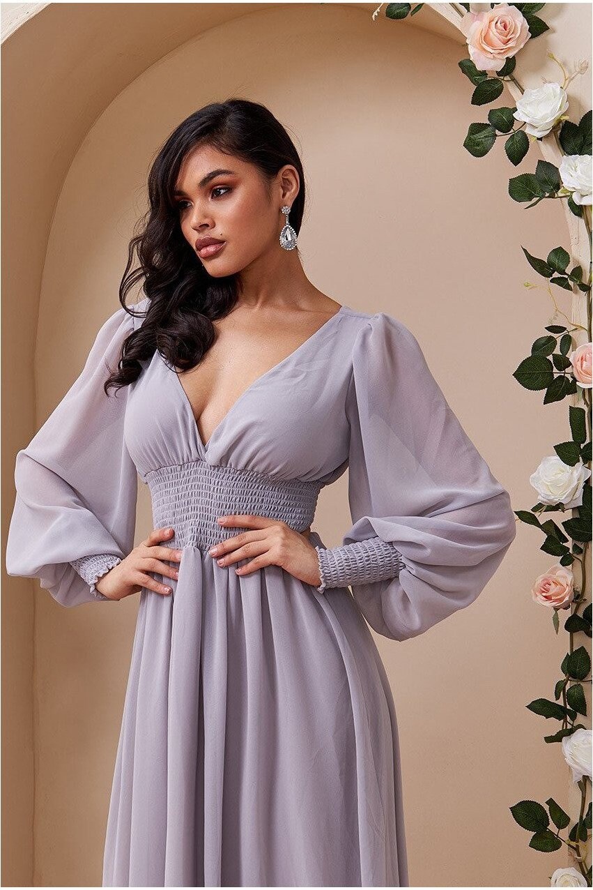 Chiffon Puffy Sleeve Maxi Dress Grey Prom Dress Evening Etsy