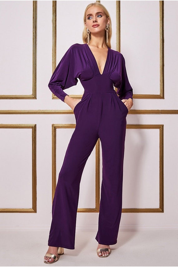 Plunging V-neck Jumpsuit Purple Date Etsy