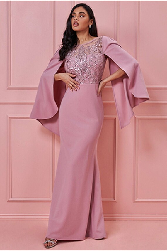 Sequin \u0026 Lace Cape Maxi Dress Blush 