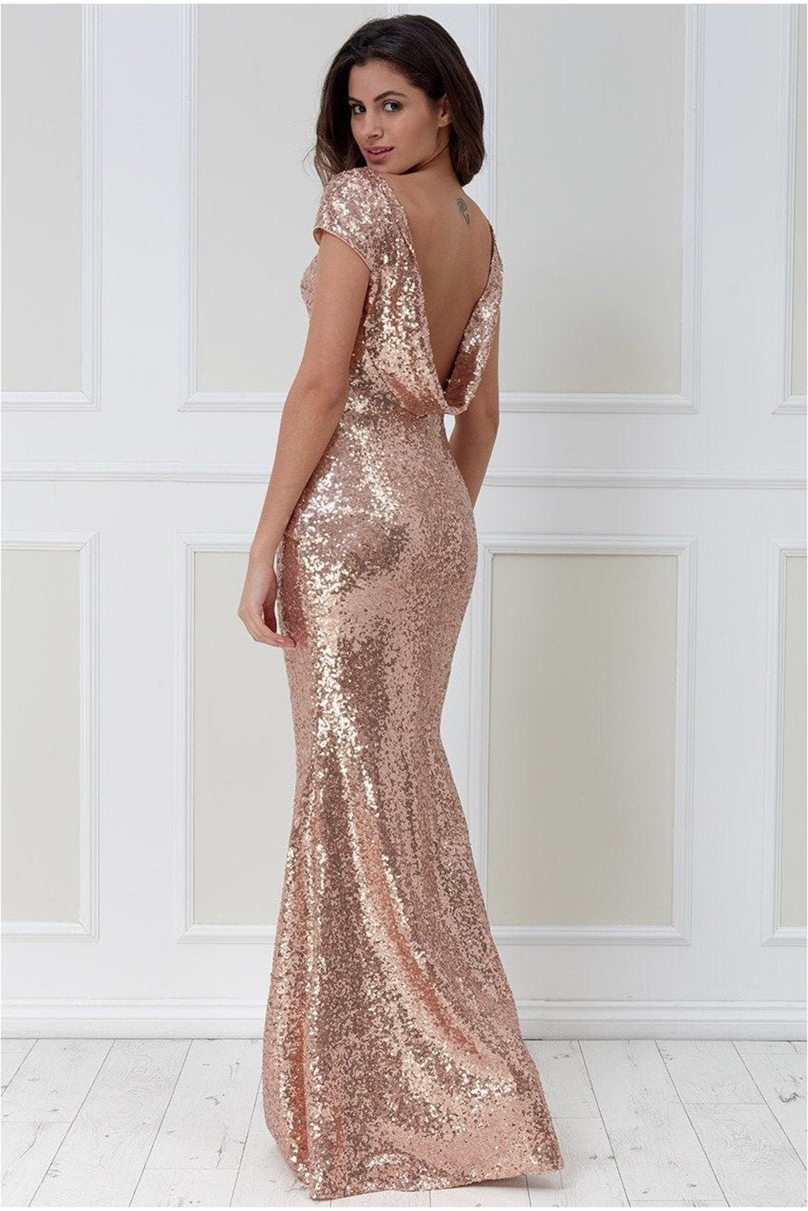 Open Back Sequin Maxi Dress Champagne Bridesmaid dress image 1