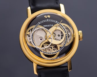 Vintage Raketa Kopernik (Kopernikus) Skeleton Uhr, Herrenuhr, Antike authentische Uhr, Geschenk für ihn, Retro Uhr zur Sammlung, handgemacht