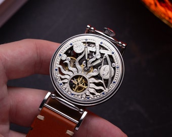 Molnija Skeleton Watch, Hand Carved Silver Space Dial, Vintage Mechanical Timepiece