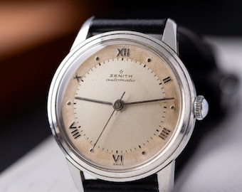 Vintage Zenith Swiss Watch, Two-Tone Dial, Bumper Automatic, 1950s Collectible