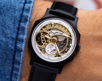 Vintage Pobeda Sputnik Skeleton watch, Mens watch, Rare antique authentic watch, Gift for him, Retro Watch for collection, Hand-carved watch