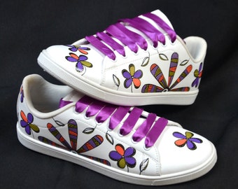 White women's sneakers customized orange and purple flowers size 39