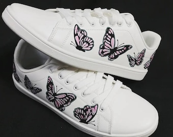 Women's white sneakers customized butterflies size 41