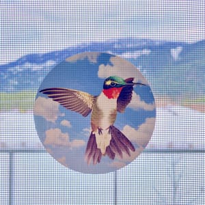 以下が含まれることがあります： 青い空と白い雲を背景に、飛んでいるハチドリが描かれた丸いステッカー。ハチドリは赤い喉、緑色の頭、茶色の羽根をしています。