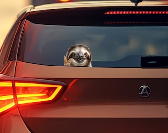 Sloth Car Decal - Cute Peek-a-Boo Window Sticker, Peace Sign Gesture, 9 x 6.75 inches