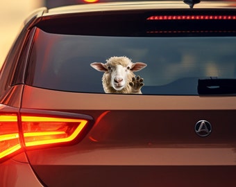 Sheep Car Decal - Cute Peek-a-Boo Window Sticker,Waving Gesture, 9 x 6.75 inches
