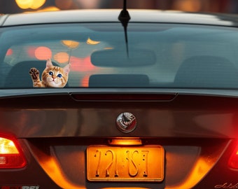 Orange Kitten Car Decal - Adorable Waving Cat Window Sticker, 9 x 6.75 inches
