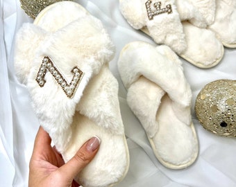 Cream Luxury Personalised Fluffy Slippers. Gold Diamante Fluffy Slippers. Secret Santa Slippers. Christmas Eve Slippers.