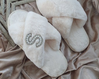Cream Luxury Personalised Fluffy Slippers. Diamante Fluffy Slippers. Initial Embroidered Slippers. Hen Party Personalised Slippers.