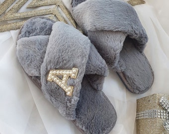 Grey Luxury Personalised Fluffy Slippers. Diamante Fluffy Slippers. Initial Embroidered Slippers. Hen Party Personalised Slippers.